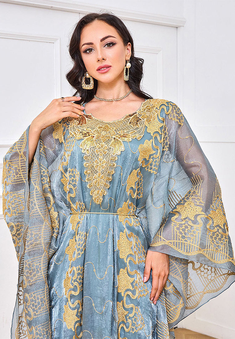 Fashion Ethnic Turkish Abaya Woman Muslim Dubai Mesh Embroidery Belt Kaftans 2 Piece Suit Elegant Islamic Long Dresses