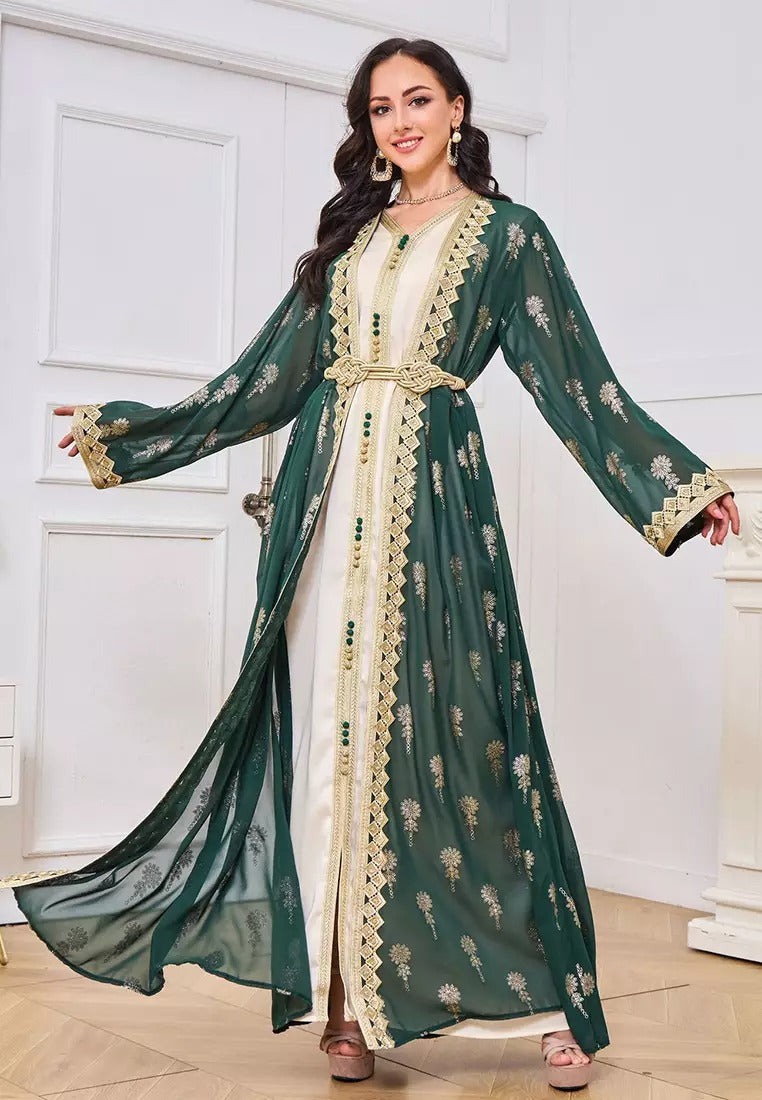 Robe de soirée arabe Abaya pour femmes, ensemble 2 pièces, vêtements islamiques, ceinture, bande en dentelle, Kaftan, Maxi, Caftan élégant