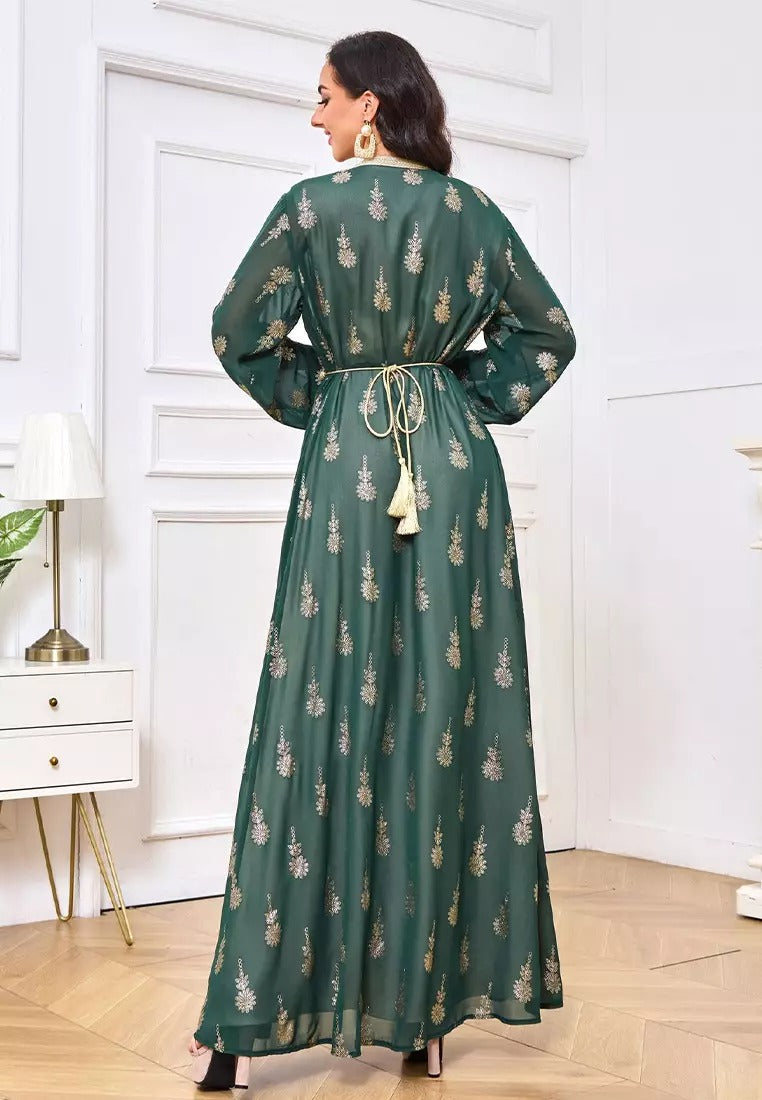 Robe de soirée arabe Abaya pour femmes, ensemble 2 pièces, vêtements islamiques, ceinture, bande en dentelle, Kaftan, Maxi, Caftan élégant