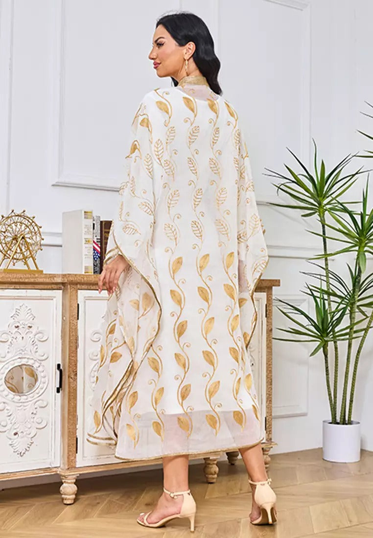 Elegant Floral Embroidery Muslim Undershirt 2 Piece Set Tape Trim Clothing For Women Dubai Abaya Arab Kaftan Robe