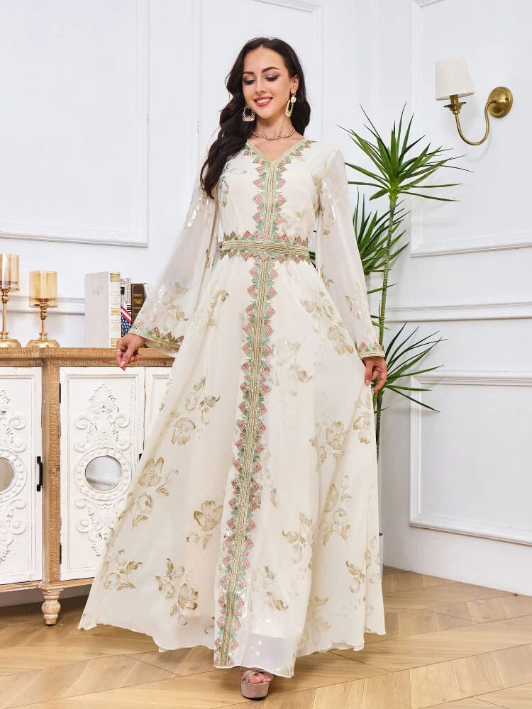 Fashion White Printing Turkish Long Dress Female Taschetto femmina Abayas per donne con scollo a V.