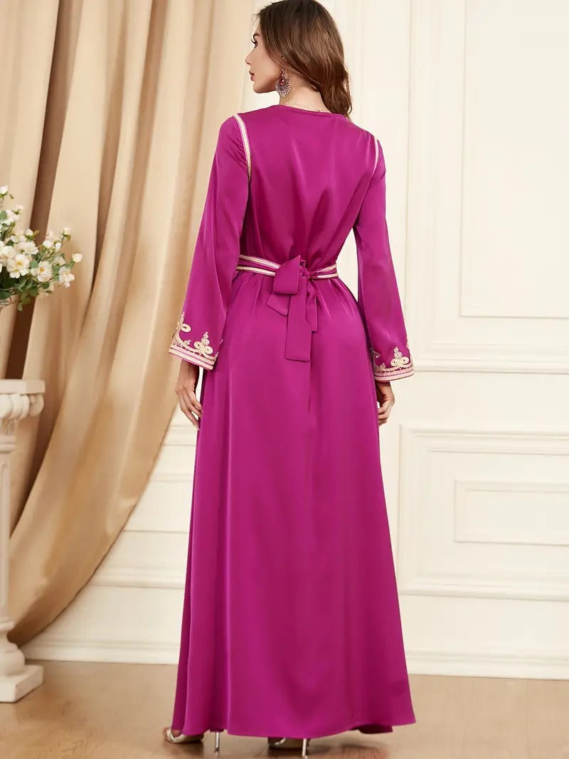 Ethnique koweïtien Jalabiyat Abaya pour femmes des eau dubaï femme solide broderie ceinturée Robe Ramadan Musulmane Caftan Robe