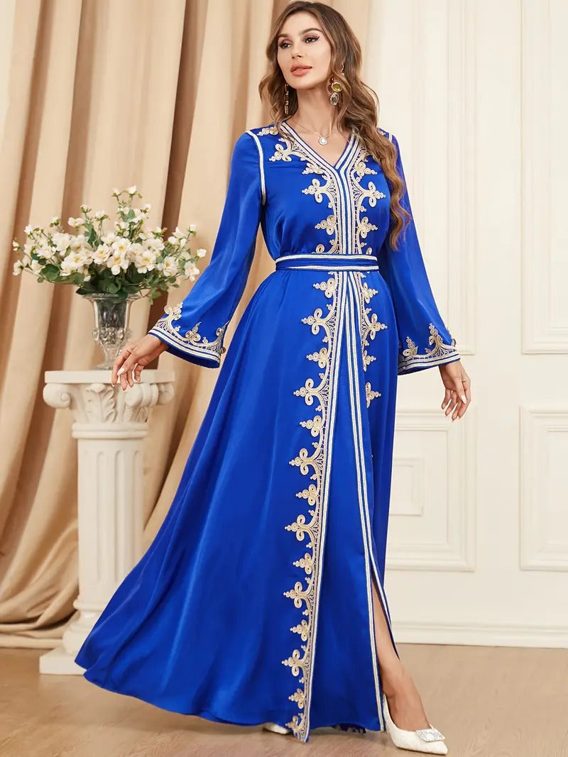 Ethnic Kuwaiti Women's Jalabiyat Abaya dla ZEA Dubai Dubai Solid Hafdery Belted Robe Ramadan Musulmane Caftan Dress