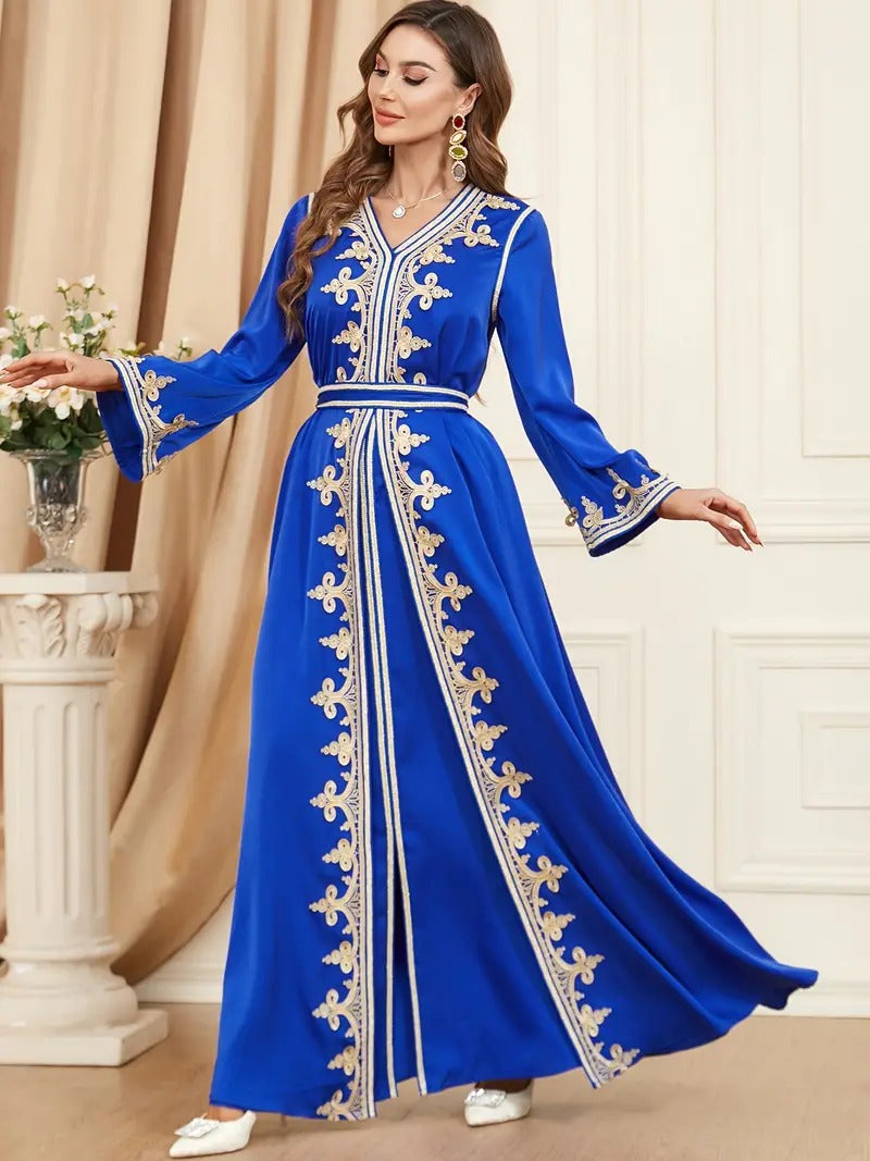 Ethnique koweïtien Jalabiyat Abaya pour femmes des eau dubaï femme solide broderie ceinturée Robe Ramadan Musulmane Caftan Robe