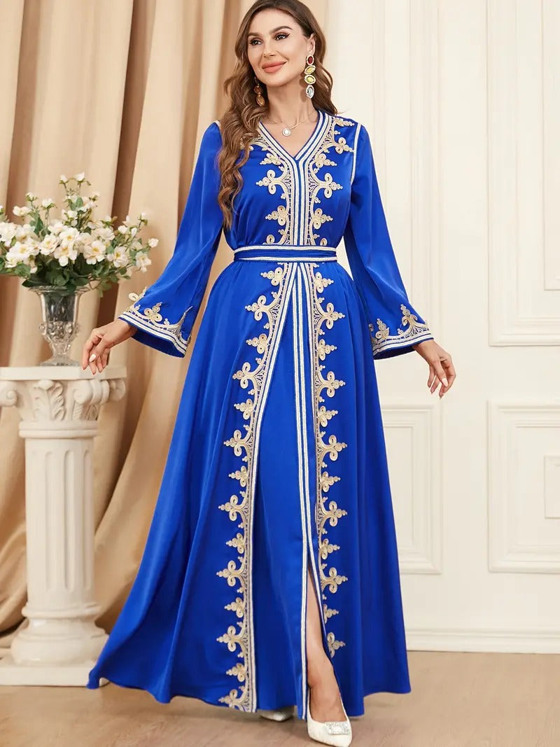 Ethnic Kuwaiti Women's Jalabiyat Abaya For Uae Dubai Female Solid Embroidery Belted Robe Ramadan Musulmane Caftan Dress