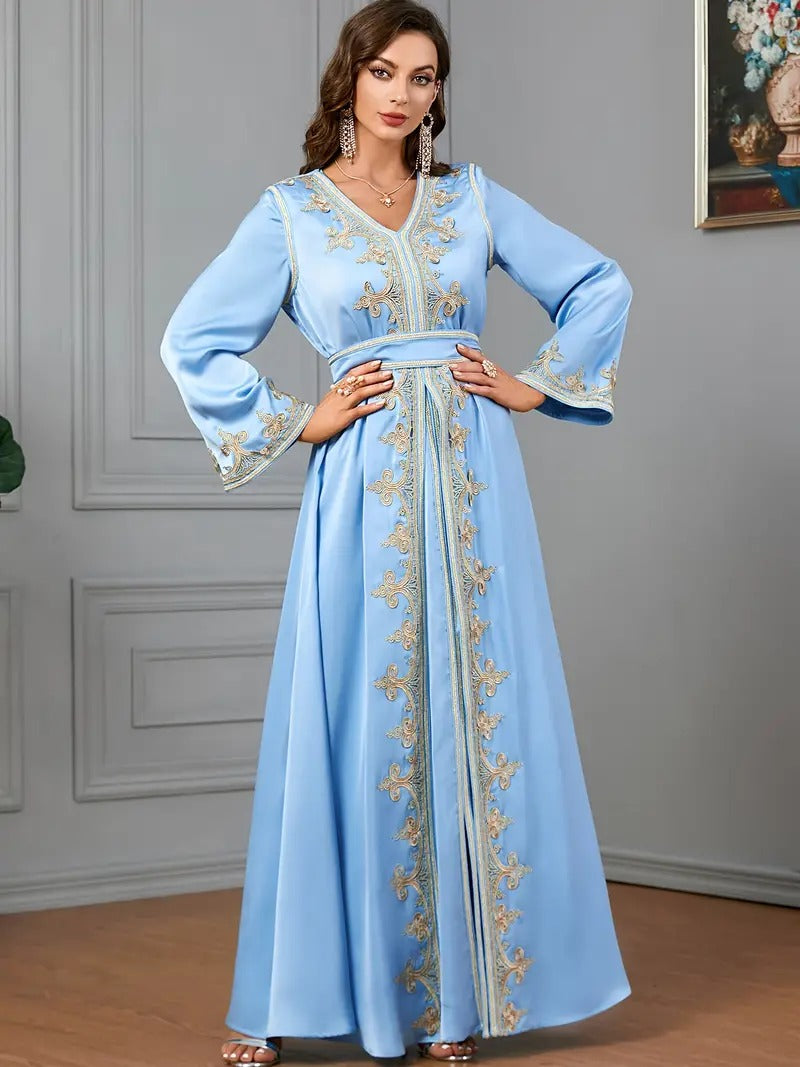 Ethnique koweïtien Jalabiyat Abaya pour femmes des eau dubaï femme solide broderie ceinturée Robe Ramadan Musulmane Caftan Robe