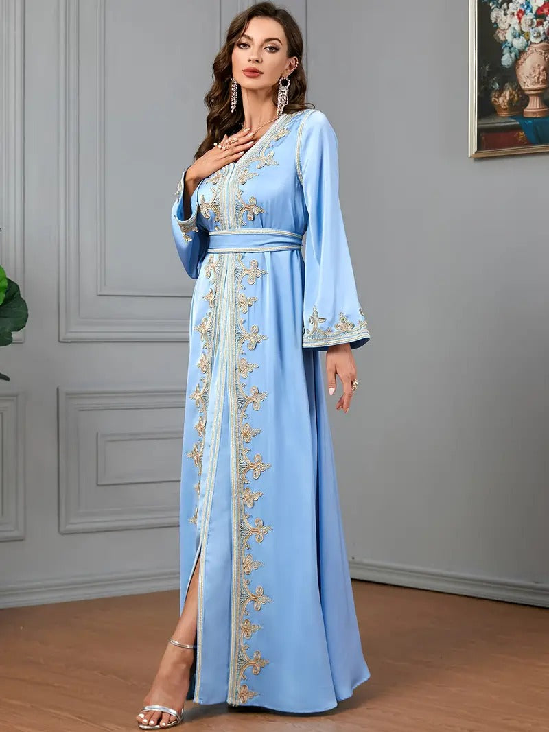 Ethnic Kuwaiti Women's Jalabiyat Abaya For Uae Dubai Female Solid Embroidery Belted Robe Ramadan Musulmane Caftan Dress