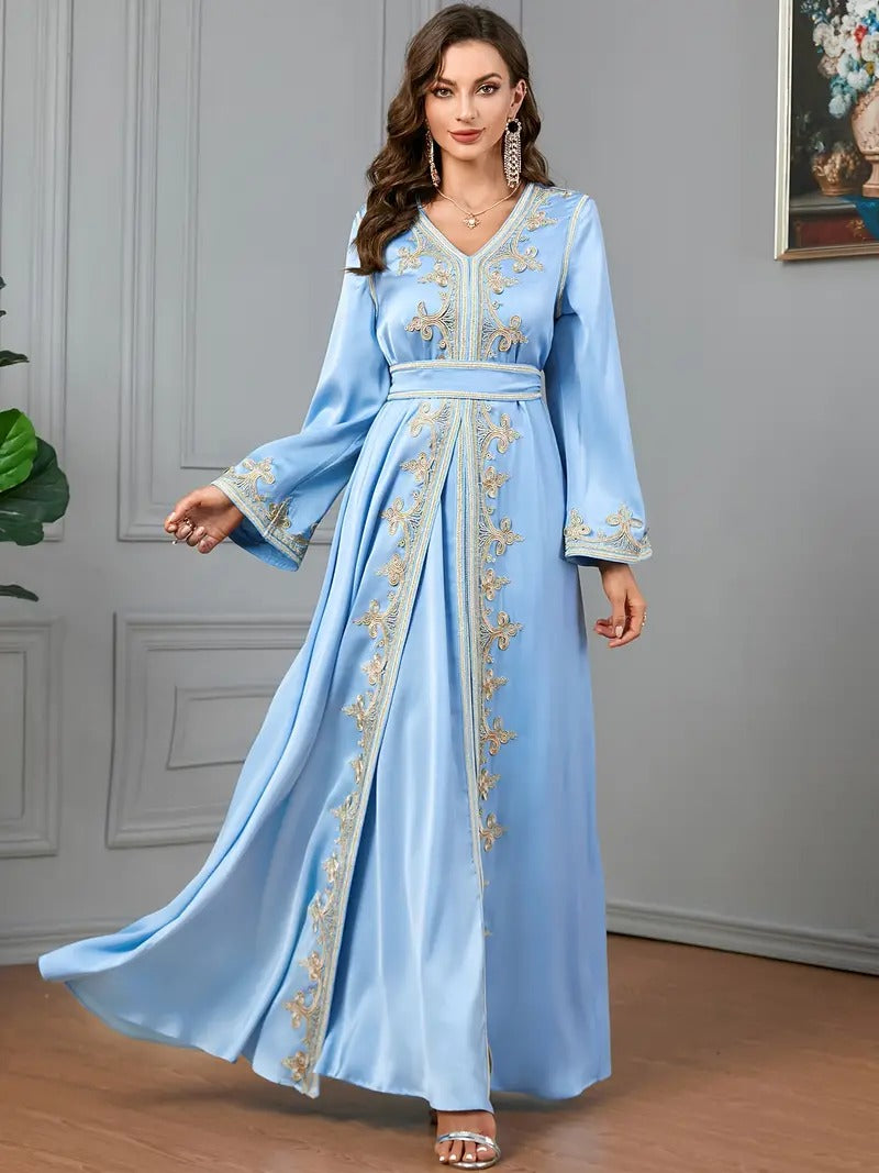 Ethnique koweïtien Jalabiyat Abaya pour femmes des eau dubaï femme solide broderie ceinturée Robe Ramadan Musulmane Caftan Robe