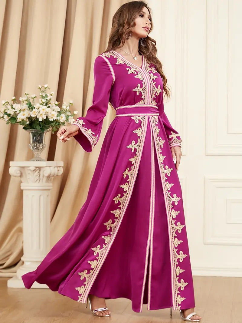 Ethnic Kuwaiti Women's Jalabiyat Abaya For Uae Dubai Female Solid Embroidery Belted Robe Ramadan Musulmane Caftan Dress