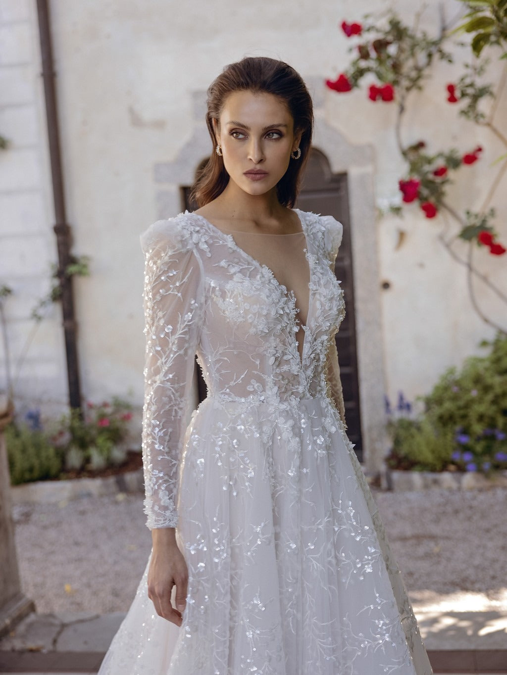 SAROULU Sparkle Appliques Wedding Dress with Long Sleeves Deep V Neck A Line Bridal Gown Illusion Open Back Bride Dress