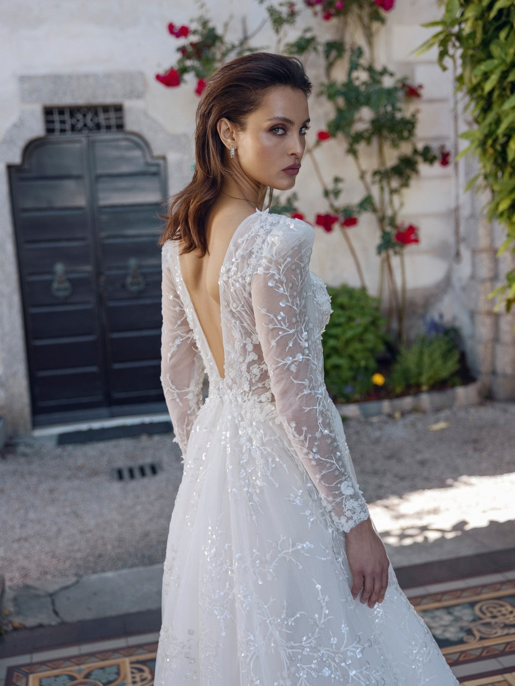 SAROULU Sparkle Appliques Wedding Dress with Long Sleeves Deep V Neck A Line Bridal Gown Illusion Open Back Bride Dress