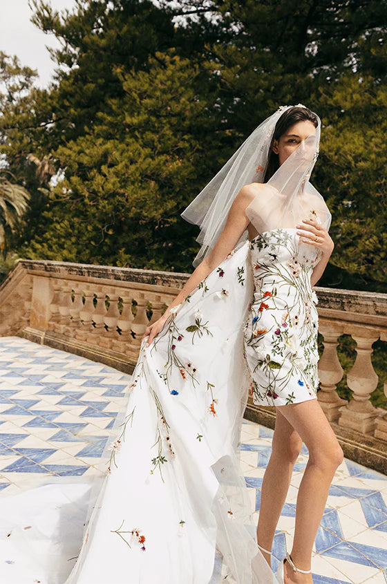 LSYX-minivestido de novia con bordado de flores, tubo sin tirantes, tren de corte desmontable por encima de la rodilla, vestido de novia corto hecho a medida 