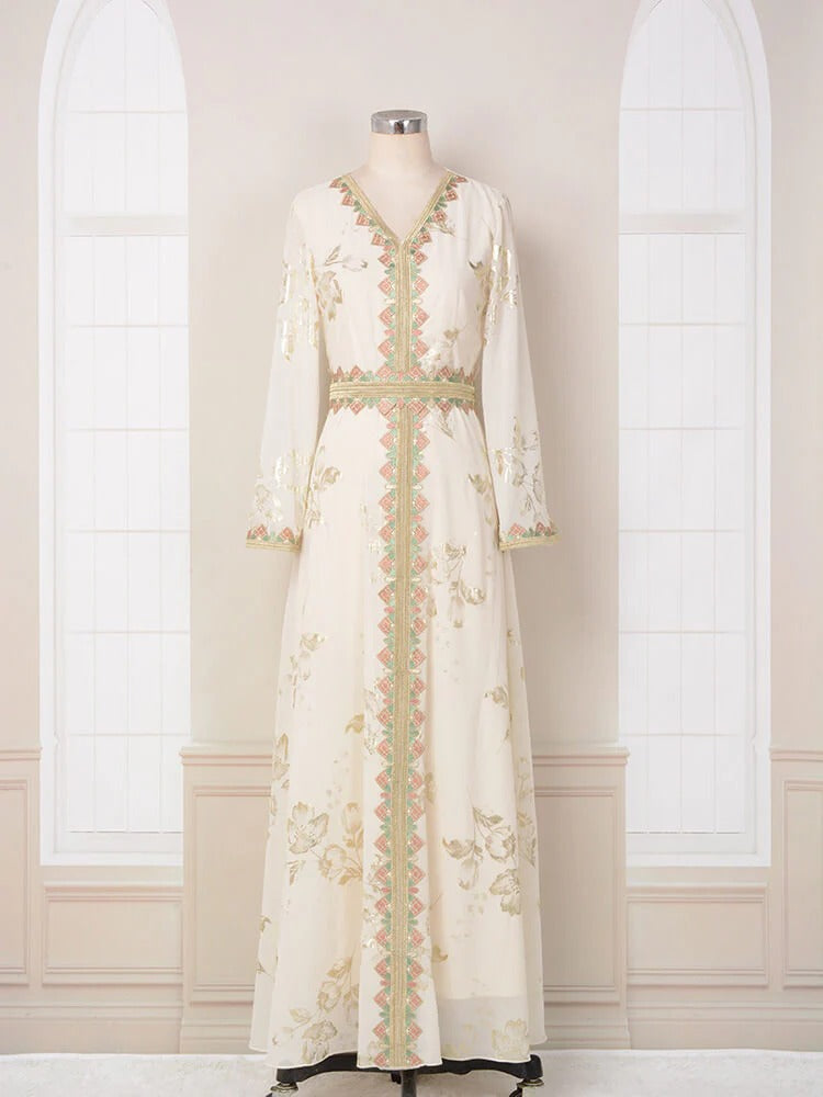 Fashion White Printing Turkish Long Dress Female Taschetto femmina Abayas per donne con scollo a V.