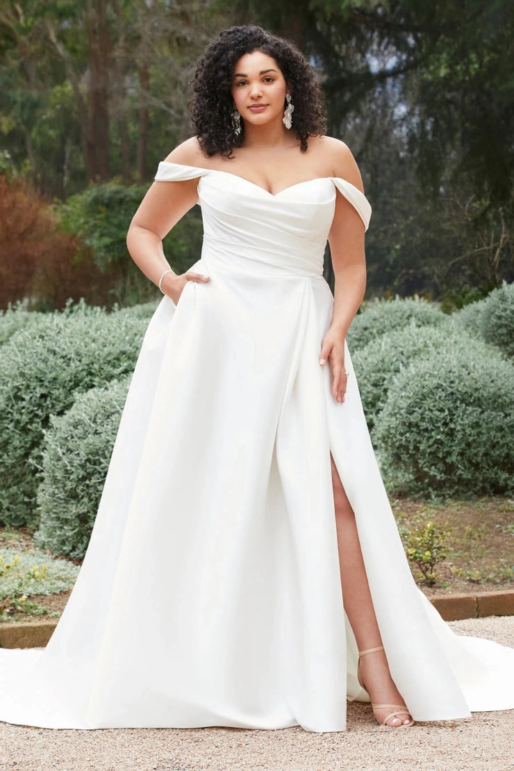 Vestidos de novia sexis de satén con hombros descubiertos y escote en forma de corazón con abertura lateral, vestidos de novia Blanco/Marfil, vestidos de novia 