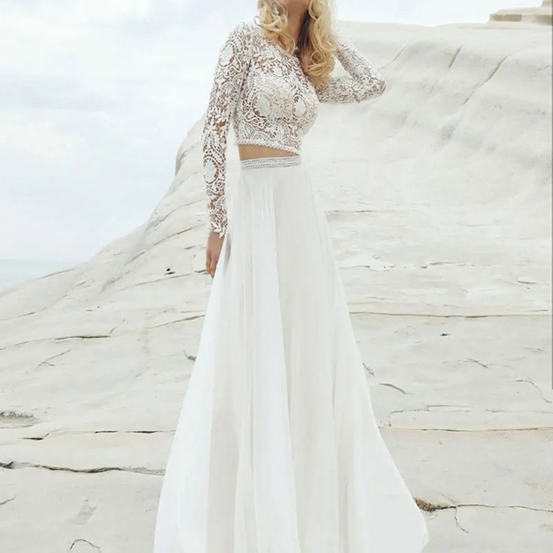 Two Piece Boho Lace Chiffon Beach Wedding Dress Bride Long Sleeves O-Neck Elegant A-Line Bridal Gown 2 in 1 Women