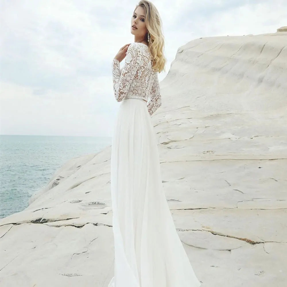 قطعة من Boho Lace Chiffon Beach فستان زفاف العروس بأكمام طويلة O-Neck A-Line Bridal Gown 2 in 1 Women