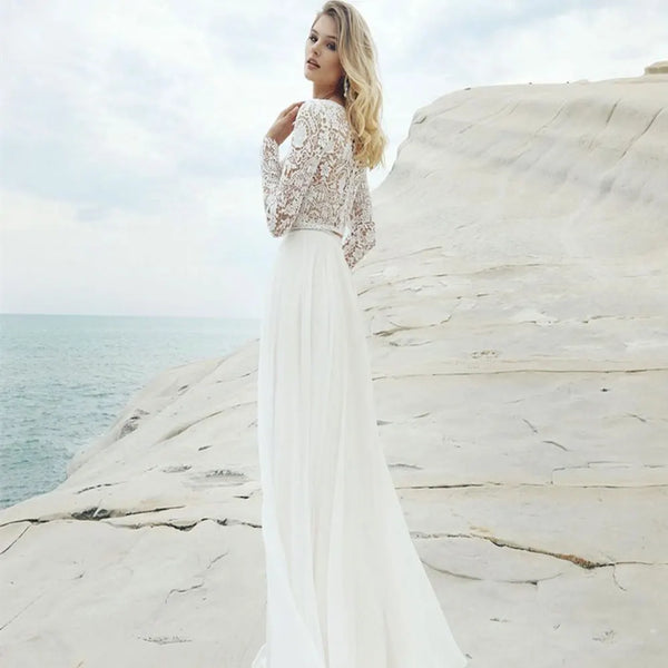 Two Piece Boho Lace Chiffon Beach Wedding Dress Bride Long Sleeves O-Neck Elegant A-Line Bridal Gown 2 in 1 Women