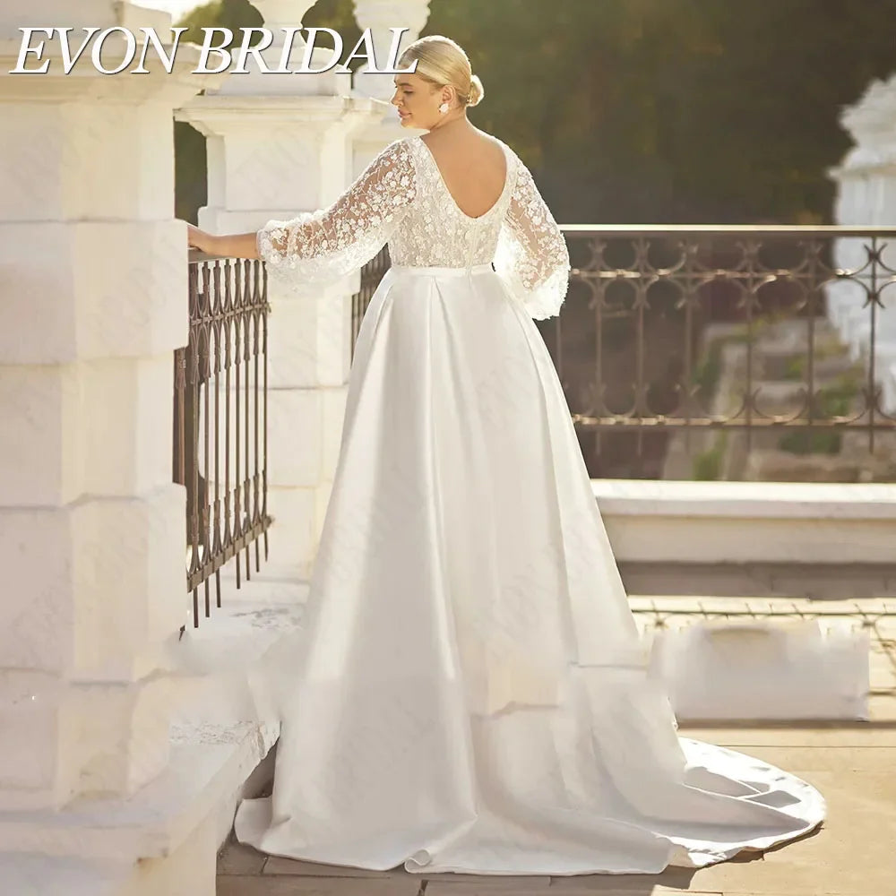 EVON BRIDAL Exquisite Plus Size Wedding Dress For Big Women Puff Sleeves Bride Gown With Pockets Classic Satin Bridal Dresses