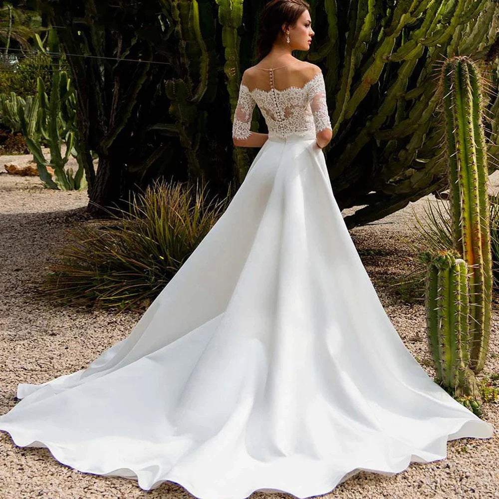 PERFECTO Elegante Cuello Barco Una Línea Vestidos de Novia Fuera del Hombro Apliques de Encaje 1/2 Mangas Vestido de Novia Corte Tren Por Encargo 