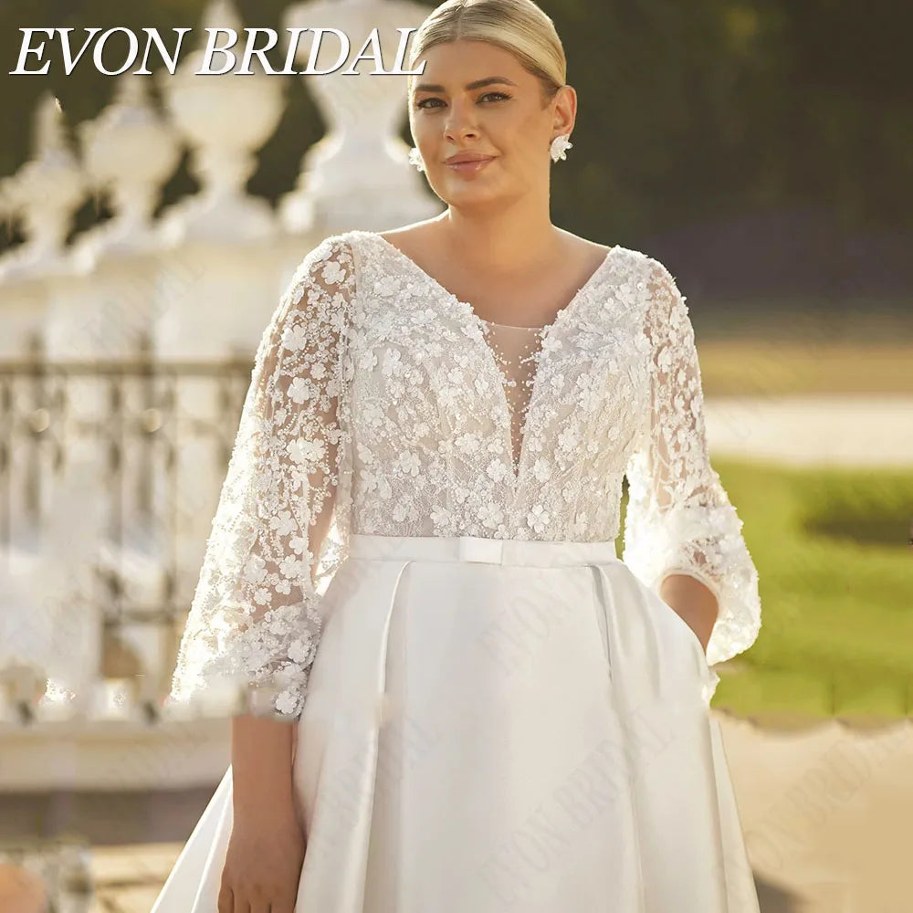 EVON BRIDAL Exquisite Plus Size Wedding Dress For Big Women Puff Sleeves Bride Gown With Pockets Classic Satin Bridal Dresses