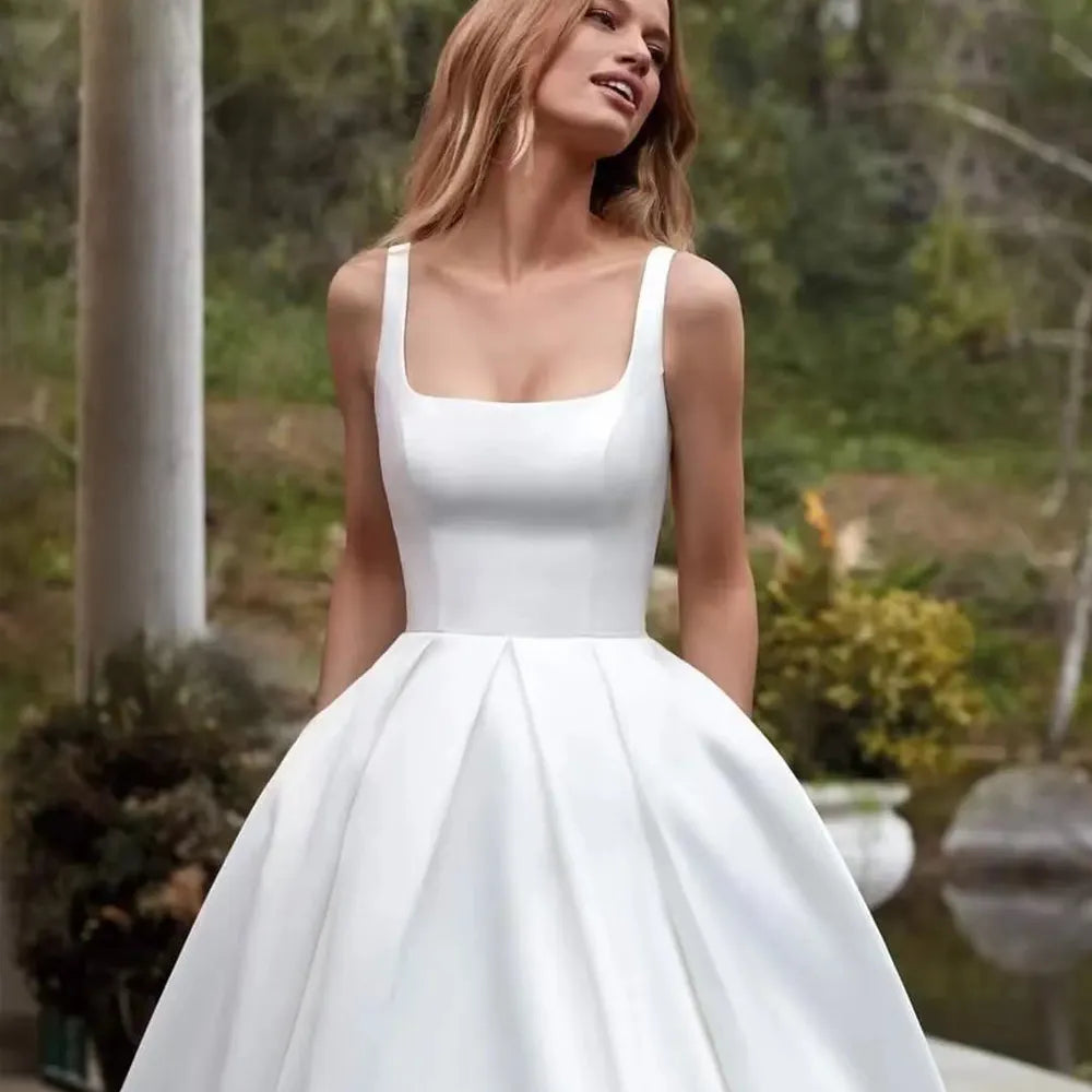 PERFECT Simple Square Collar A-Line Wedding Dresses Elegant Sleeveless Backless Bridal Gowns Satin Custom Made Robe De Mariée