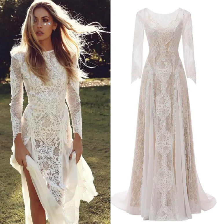 Fabrikpreis 100 % echtes Beispiel Foto Langarm Backless O-Neck Spitze Boho Bohemian Beach Hochzeitskleid Brautkleid Kleid