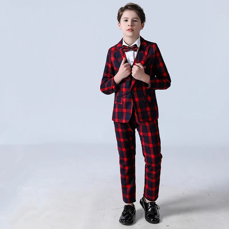 Costumes pour garçons, costumes à fleurs de mariage, Tuxedos pour enfants, costumes formels à carreaux pour bal de promo, ensemble de 5 pièces (veste + pantalon + gilet + chemise + cravate) 