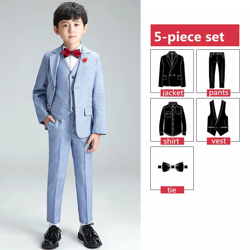 Boys Formal Suit Sets Children's Blazer Vest Pants Shirt Tie 5pcs Clothing Sets Kids Wedding Party Performance Costume 5-Piece Set