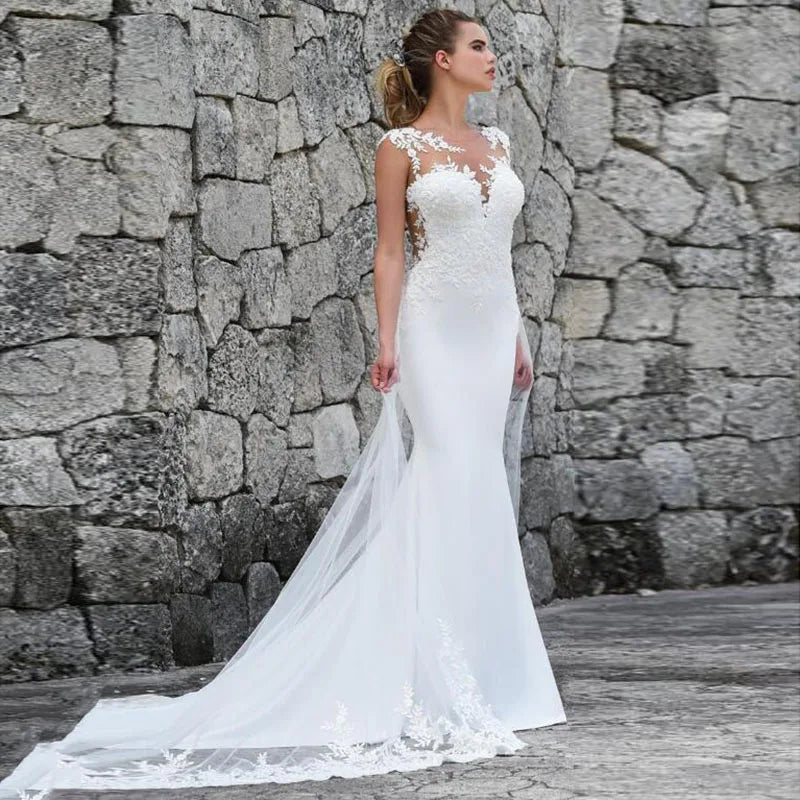 Abito da sposa sirenedess sirened sexy vedi attraverso appliques in pizzo senza manico