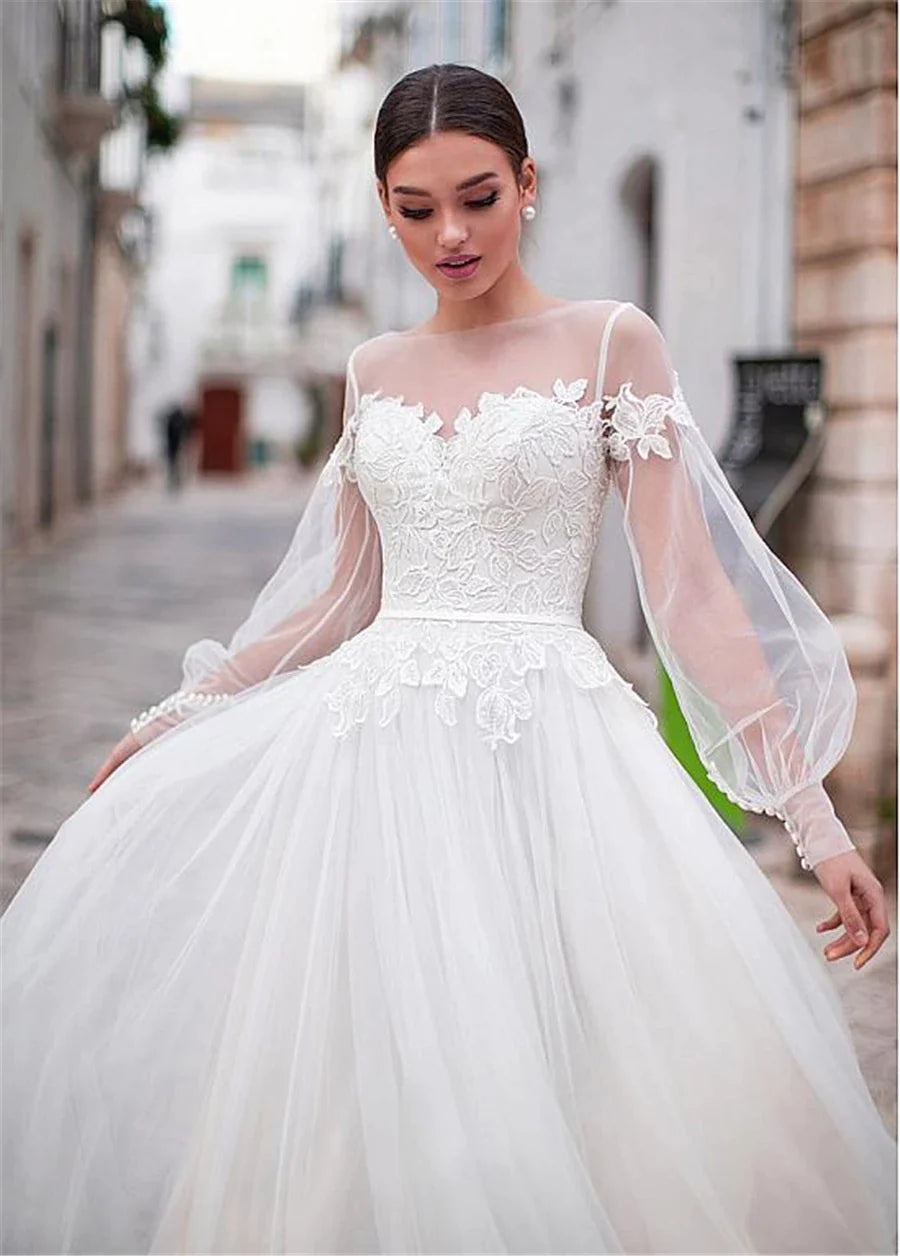 Simple O-neck Tulle With Top Lace A-line Wedding Dress Lantern Long Sleeve Floor Length Wedding Gowns For Bride robe de mariee