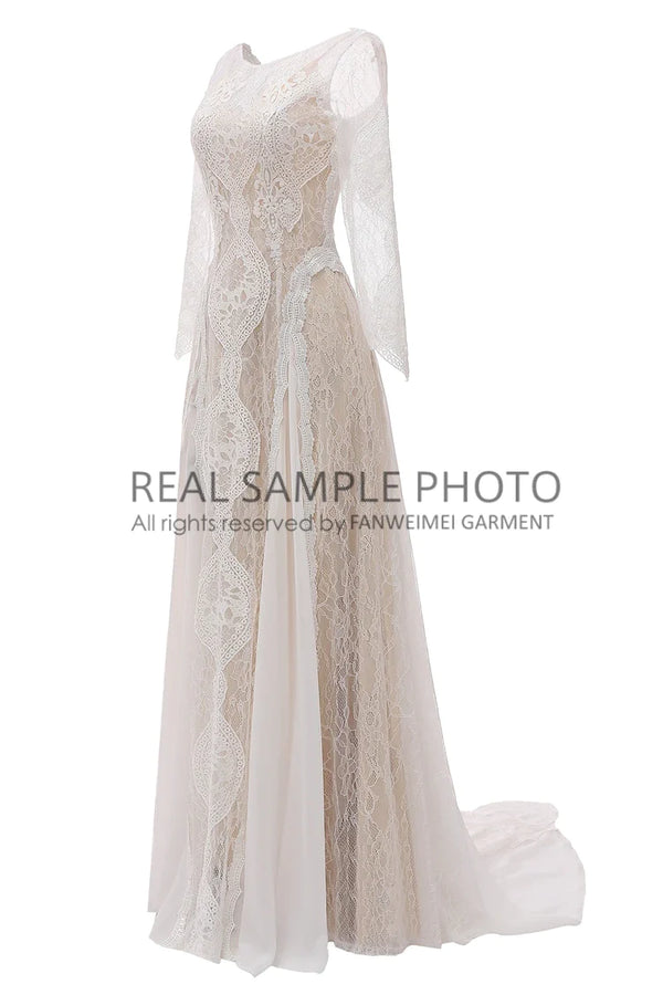 Factory Price 100 % Real Sample Photo Long Sleeve Backless O-Neck Lace Boho Bohemian Beach Wedding Dress Bridal Gown