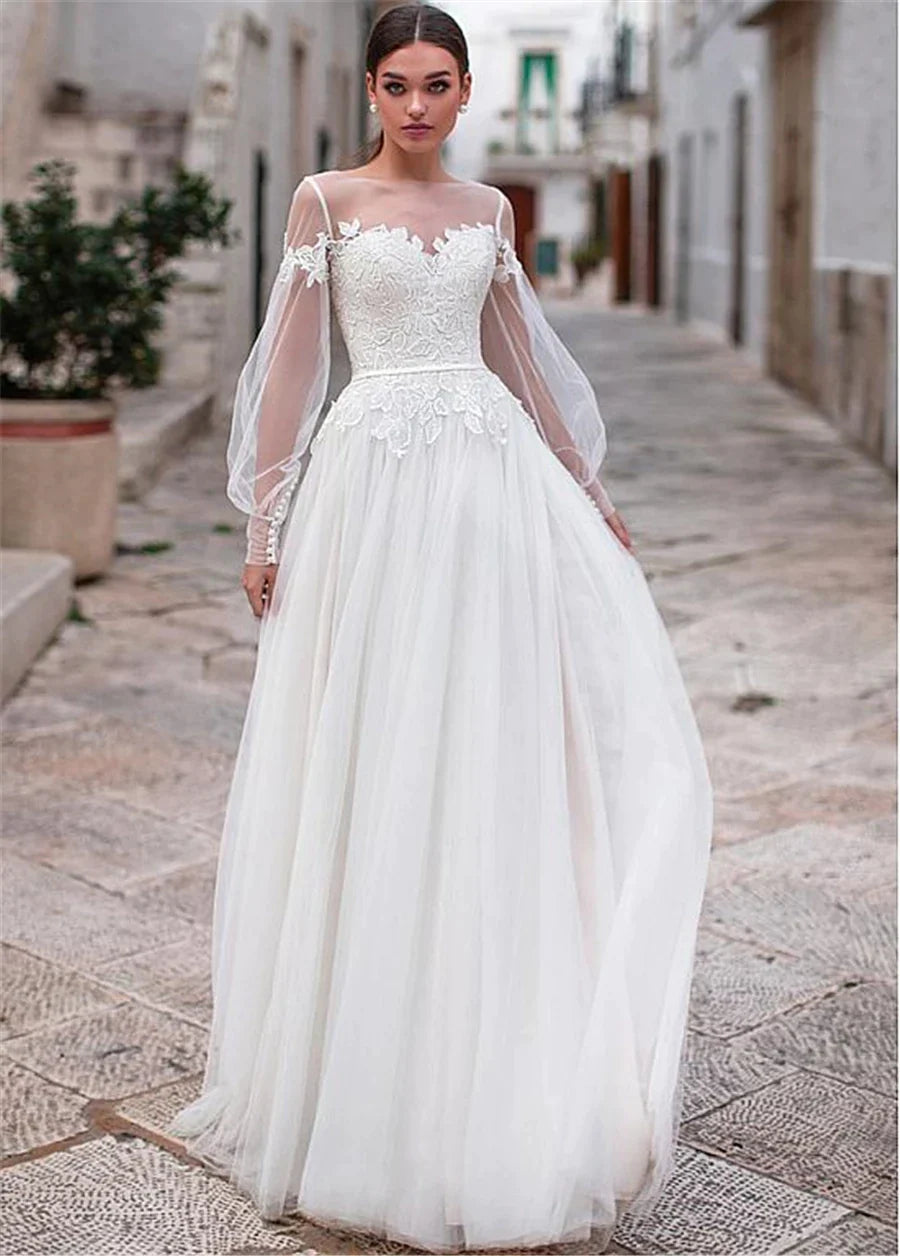 Robe de mariée trapèze en Tulle, Simple, col rond, avec haut en dentelle, manches longues lanterne, longueur au sol, robe de mariée 