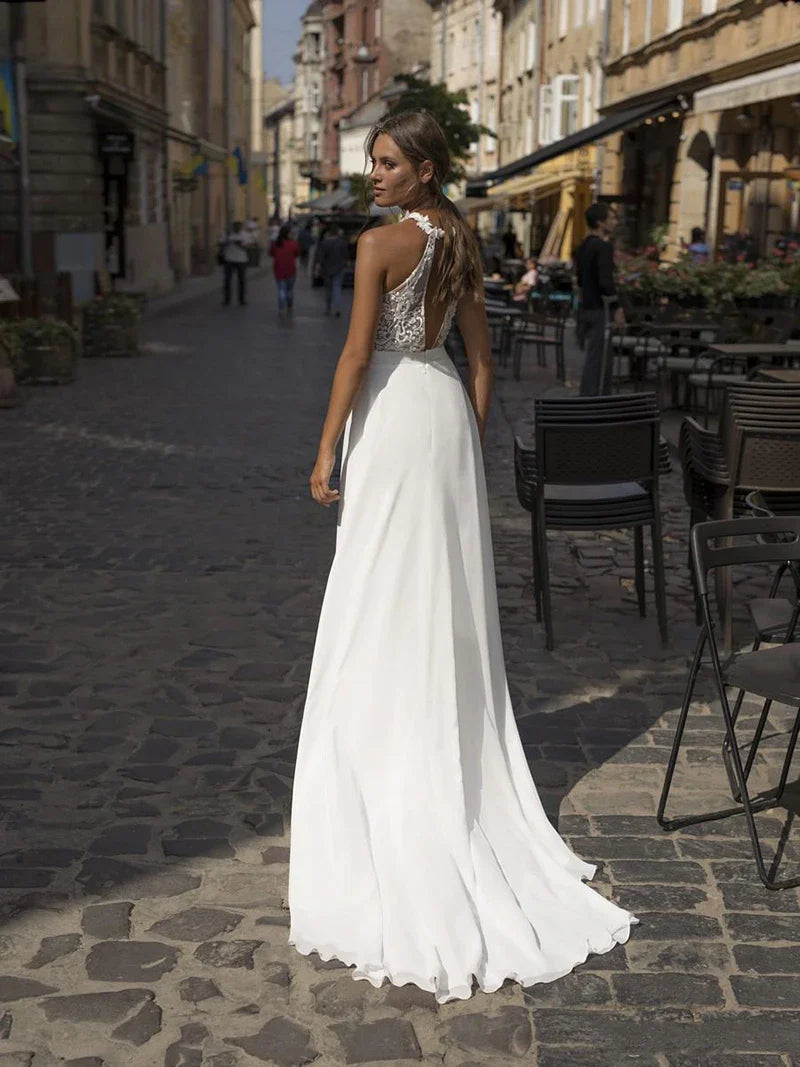 Amato di spiccola semplice abito da sposa con collare bianco sexy sexy gioiello split collo chiffon boho abito da sposa abito da sposa abiti da sposa