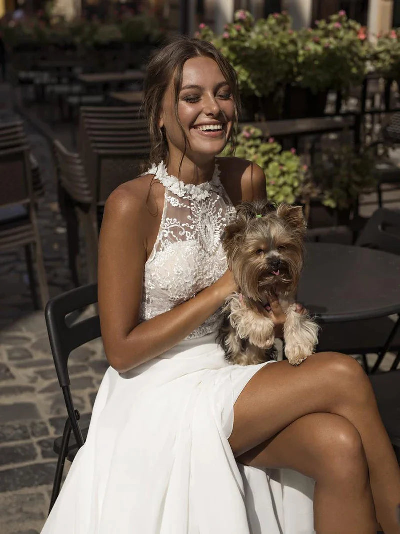 LoveDress-vestido de novia sencillo con cuello Halter, vestido de novia bohemio de gasa con escote alto y abertura alta, vestidos de boda de playa bohemios 