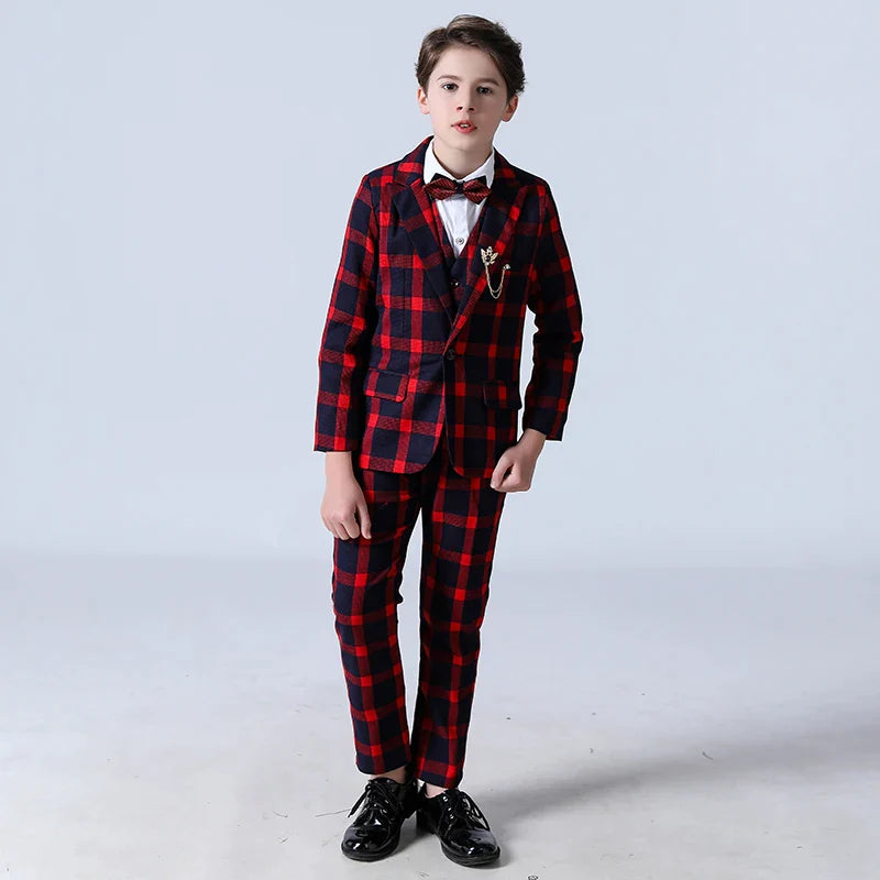 Costumes pour garçons, costumes à fleurs de mariage, Tuxedos pour enfants, costumes formels à carreaux pour bal de promo, ensemble de 5 pièces (veste + pantalon + gilet + chemise + cravate) 