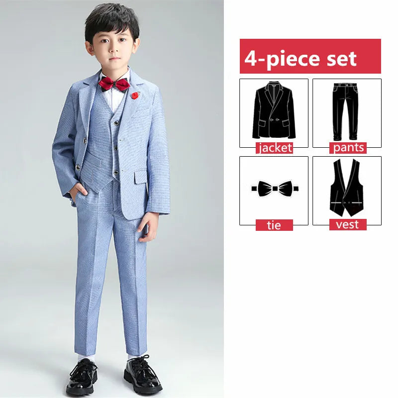 Boys Formal Suit Sets Children's Blazer Vest Pants Shirt Tie 5pcs Clothing Sets Kids Wedding Party Performance Costume 4-Piece Set