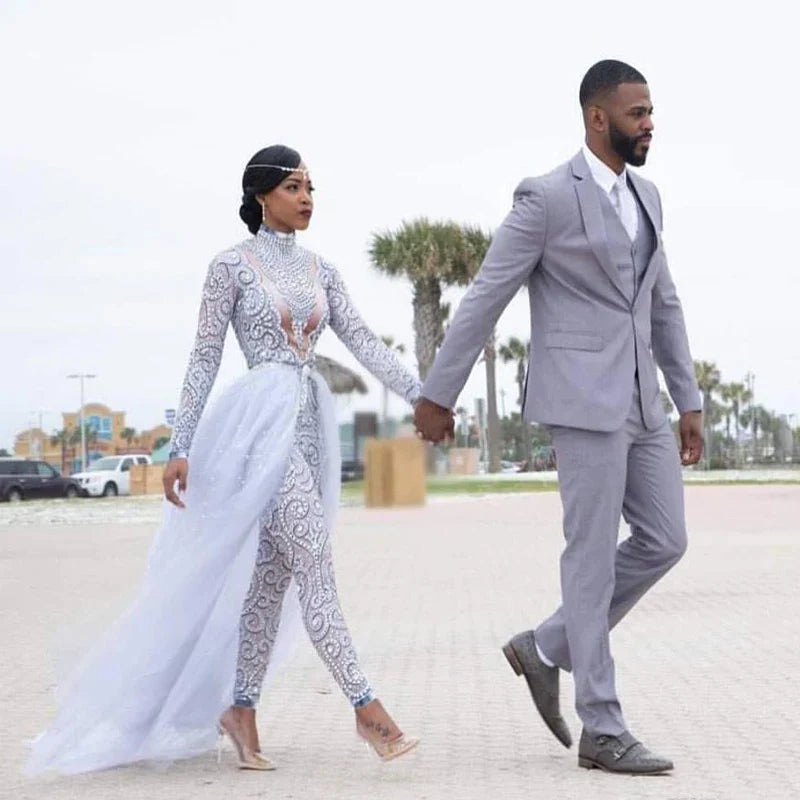 Monos de talla grande, vestidos de novia, vestidos de novia con cuello alto y cuentas, ropa de novia de manga larga con tren desmontable 