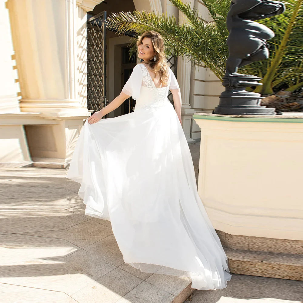 Vestido De novia De talla grande De gasa modesto, vestido De novia con apliques De encaje y media manga con cuello en V, vestidos De novia grandes para mujer, bata De novia 