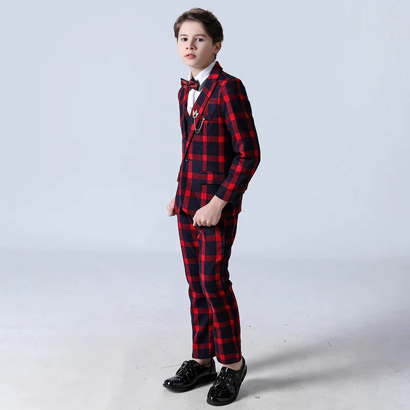 Costumes pour garçons, costumes à fleurs de mariage, Tuxedos pour enfants, costumes formels à carreaux pour bal de promo, ensemble de 5 pièces (veste + pantalon + gilet + chemise + cravate) 