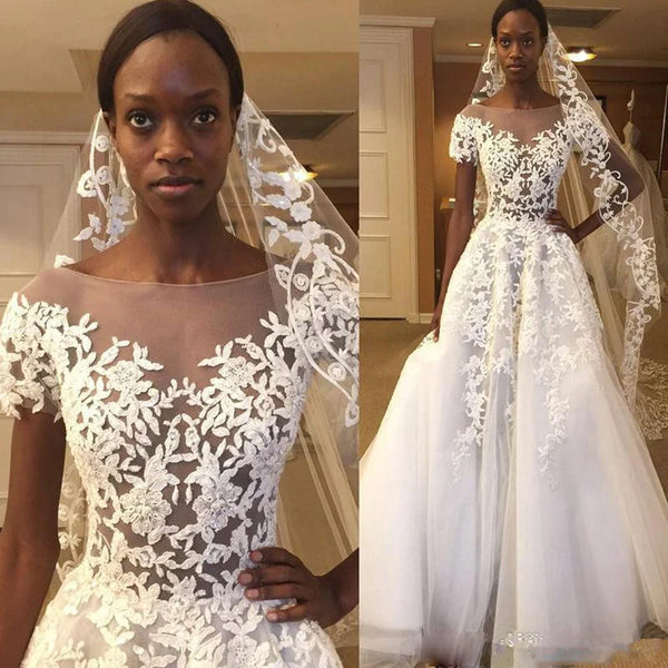 Vintage African Lace Wedding Dresses vestido de noiva Black Girls Women A Line Sheer Wedding Gowns Custom Made Bride Dress