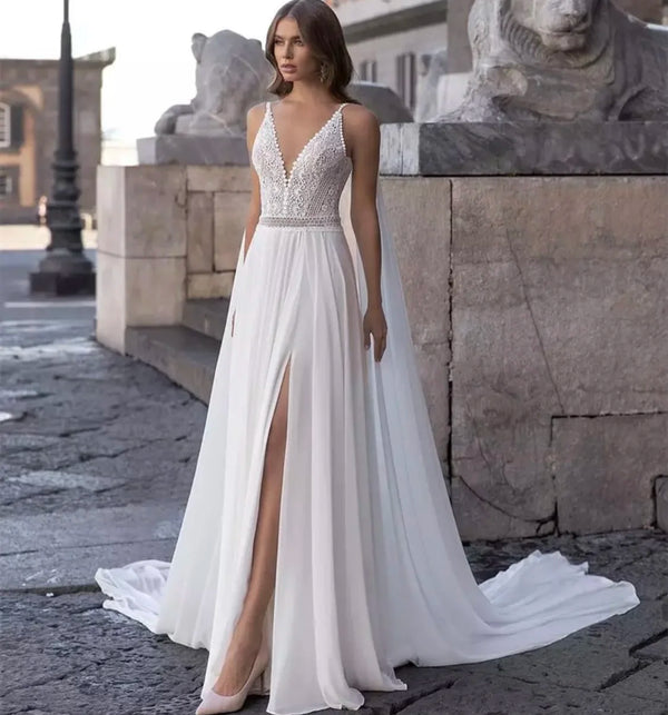 Bohemian V-Neck Wedding Dress Sleeveless A-Line Side Slit Spaghetti Straps Backless Lace Applique Floor Length Bride Gown