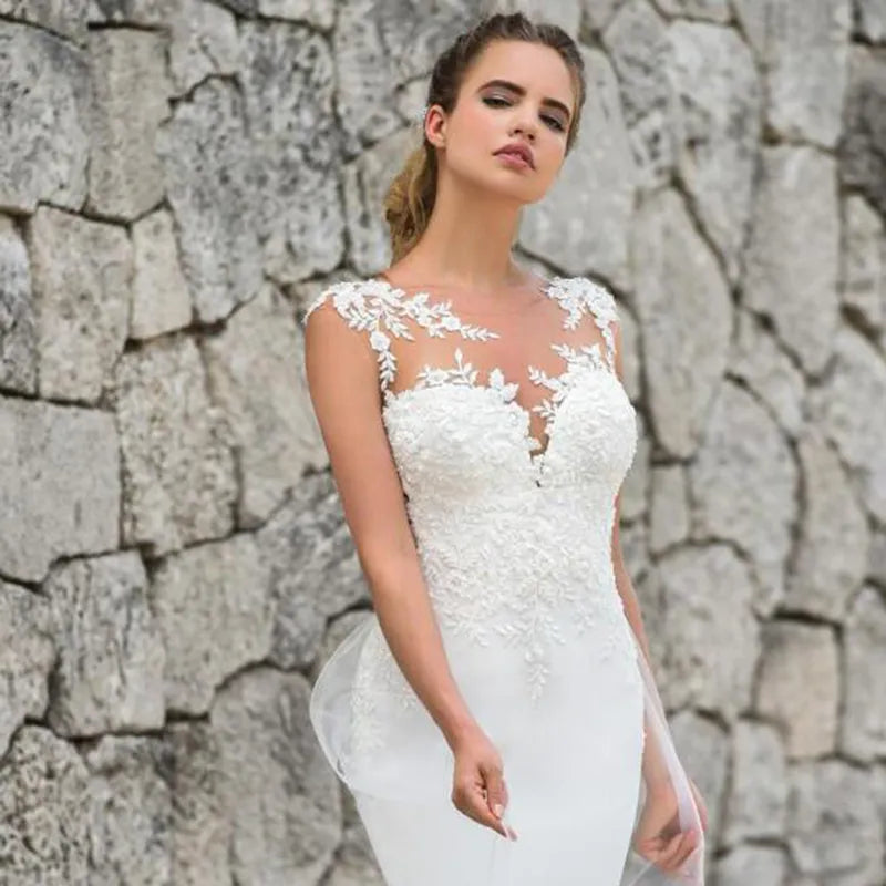 Abito da sposa sirenedess sirened sexy vedi attraverso appliques in pizzo senza manico