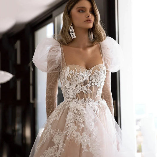 Chic Champagne Princess Lace and Tulle Modern Wedding Dresses Sweetheart Long Puffy Sleeves Glitter Bride Gowns Plus Size