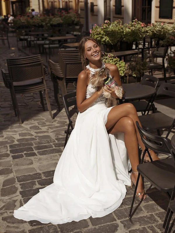LoveDress Simple Halter Collar Wedding Dress White Sexy High Split Jewel Neck Chiffon Boho Bridal Dress Beach Wedding Gowns