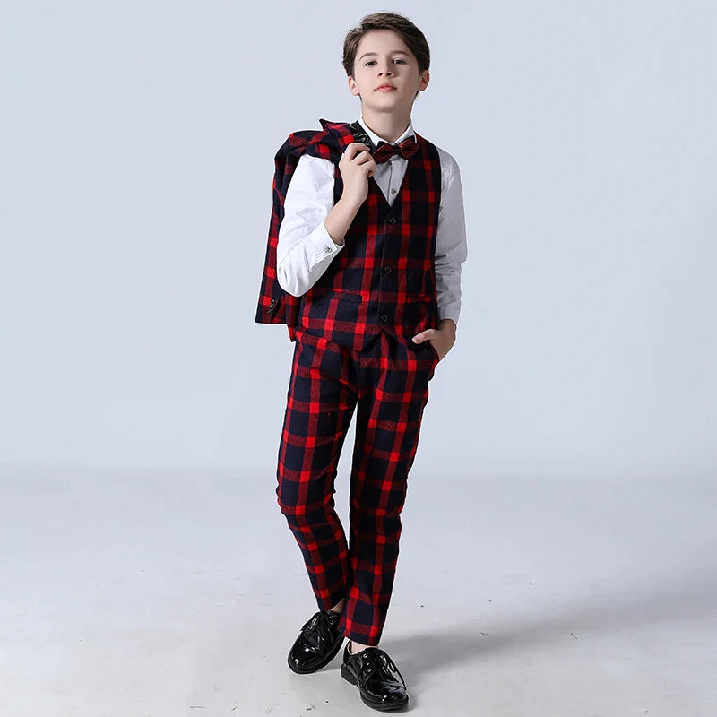 Boy's Suits Wedding Flower Suits Children’s Tuxedos For Kid Formal Prom Plaid Suits 5 Pieces Set (Jacket+Pants+Vest+Shirt+Tie)