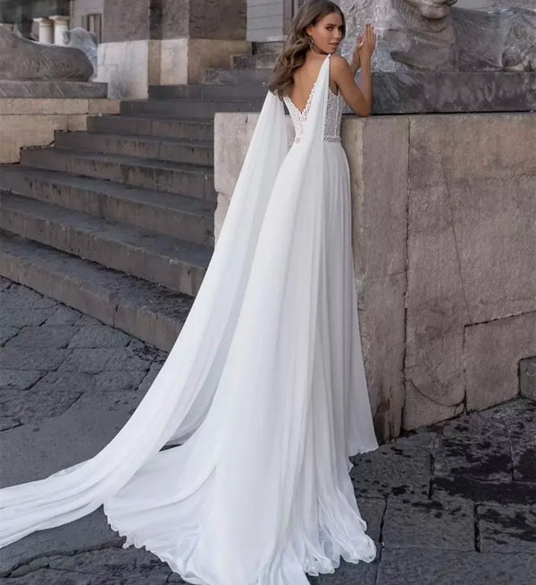Bohemian V-Neck Wedding Dress Sleeveless A-Line Side Slit Spaghetti Straps Backless Lace Applique Floor Length Bride Gown
