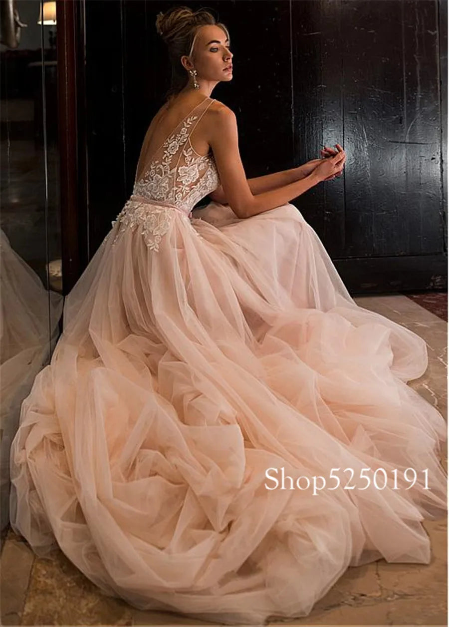 Stunning Tulle V-neck Neckline A-line Wedding Dresses Open Back Champagne Bridal Dress robe de mariee princesse de luxe