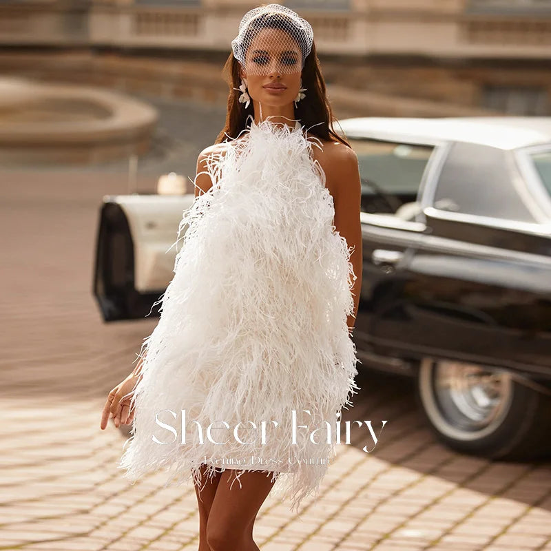 Luxury White Ostrich Feather Short Prom Dress Sexy Halter Backless Mini Birthday Cocktail Party Dress Homecoming Gown RM093