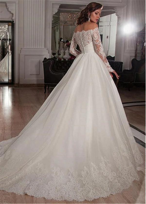 Vintage Boat Neck Tulle With Applique Lace A-line Long Sleeve Wedding Dress With Crystal Belt casamento Bride Dress