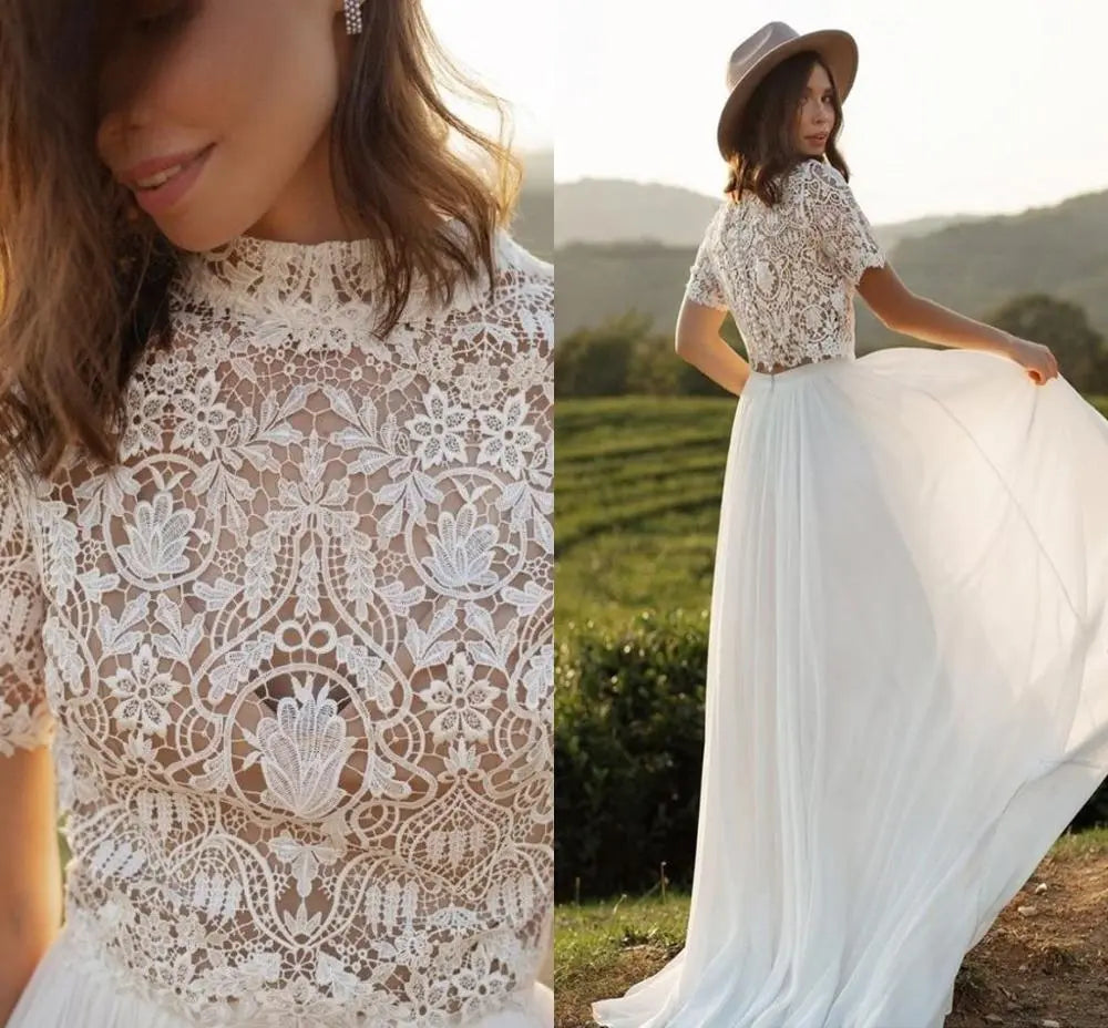 Boho Wedding Dress With Sleeves Simple Beach Chiffon A-Line With Court Train Sexy O-Neck Bohemian Bridal Gowns Beach 14W